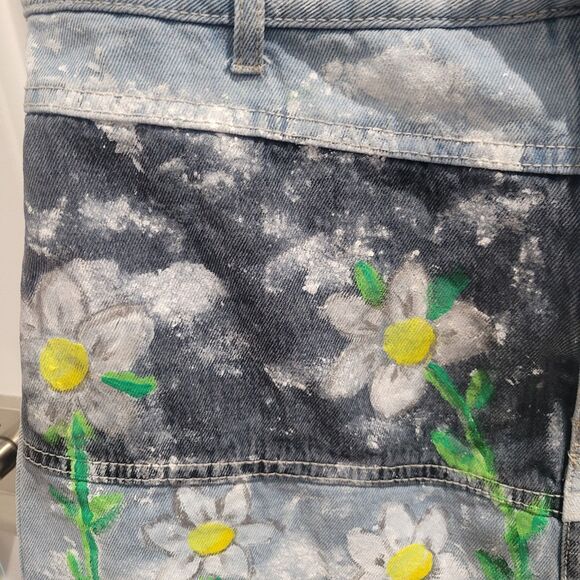 Hand Painted Denim Mini Skirt size 12 Daisy Field patchwork One of a Kind Rare - Picture 12 of 12